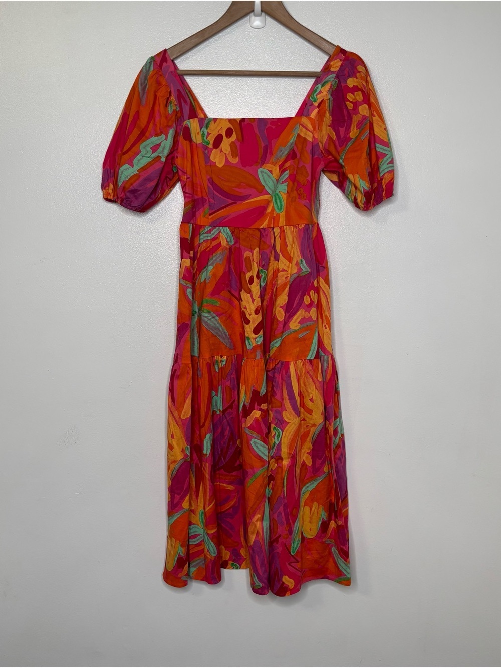 Crystal Sky Multi Color Floral Puff Sleeve Midi Dress Womens XS